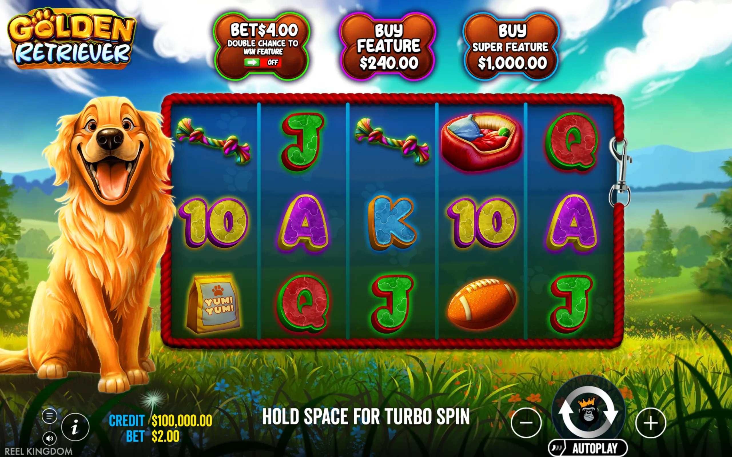Bright and cheerful slot game featuring a happy golden retriever with colorful dog-themed symbols like toys, food, and a dog bed on a vibrant outdoor background.