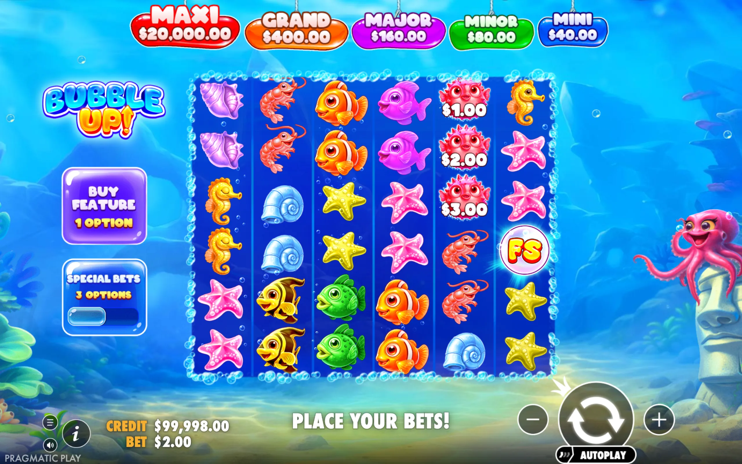 Underwater-themed slot game with vibrant sea creatures like clownfish, seahorses, and starfish, featuring colorful jackpot bubbles and a playful octopus character.