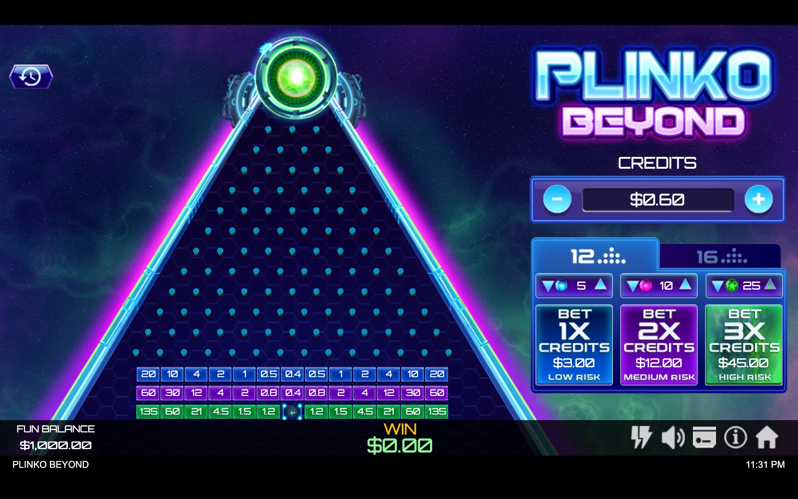 Futuristic Plinko game interface with a glowing green launcher, blue peg board, colorful multiplier lanes, and neon 1x, 2x, and 3x credit betting options against a starry space backdrop.