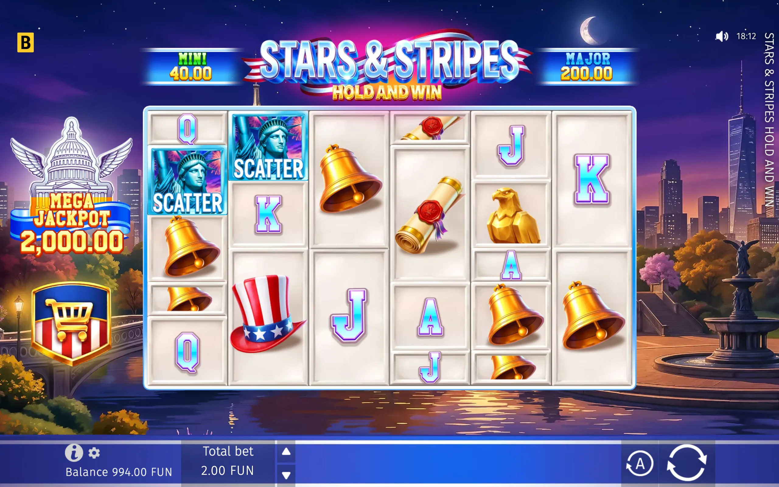 Stars & Stripes Hold and Win slot interface featuring Statue of Liberty scatter symbols, golden bells, American-themed icons, jackpot amounts, and a moonlit city backdrop.
