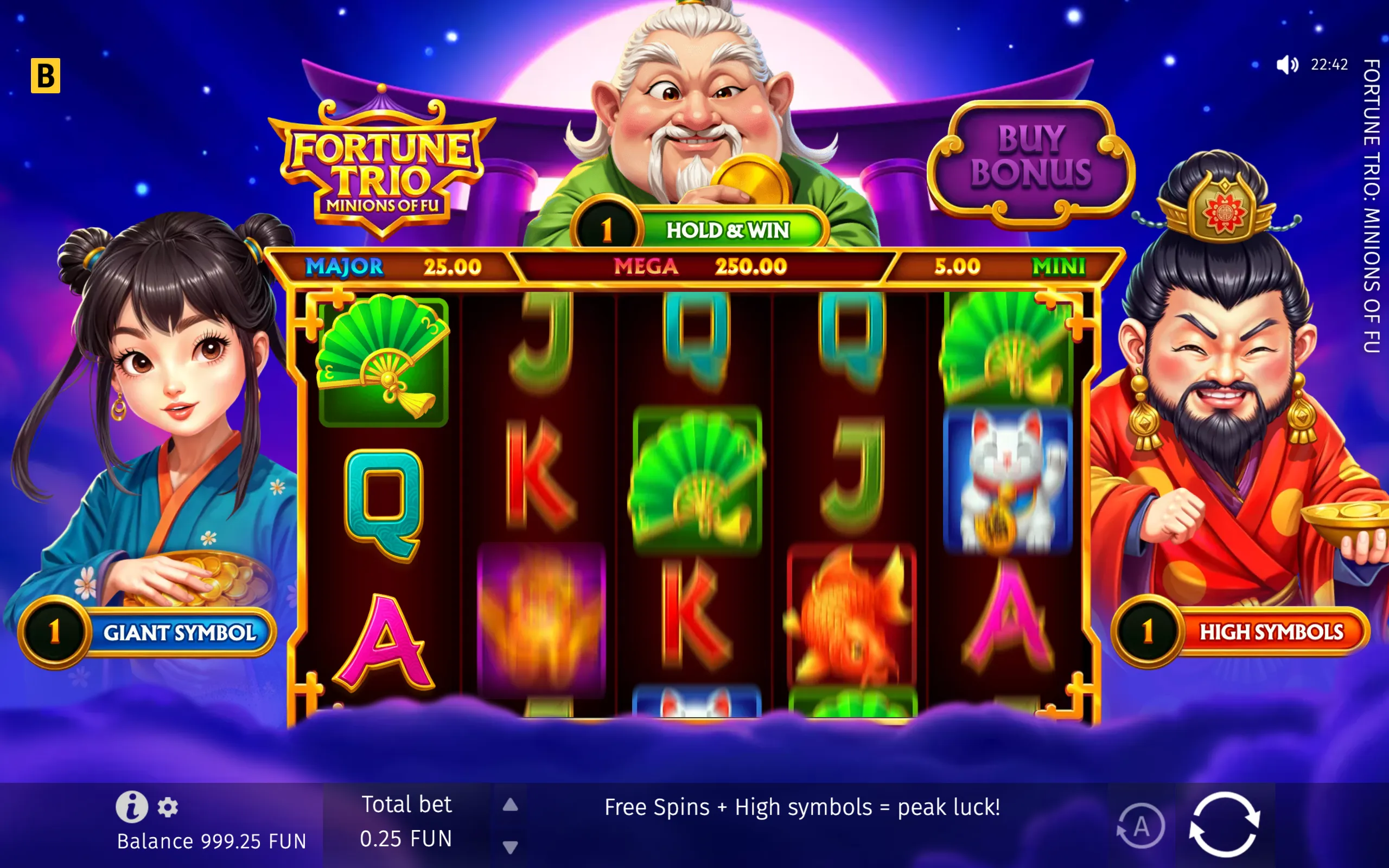 Colorful Fortune Trio: Minions of Fu slot interface with three smiling Chinese fortune characters, gold coins, a moonlit purple backdrop, reels, Hold & Win, Buy Bonus, and jackpot tier labels.