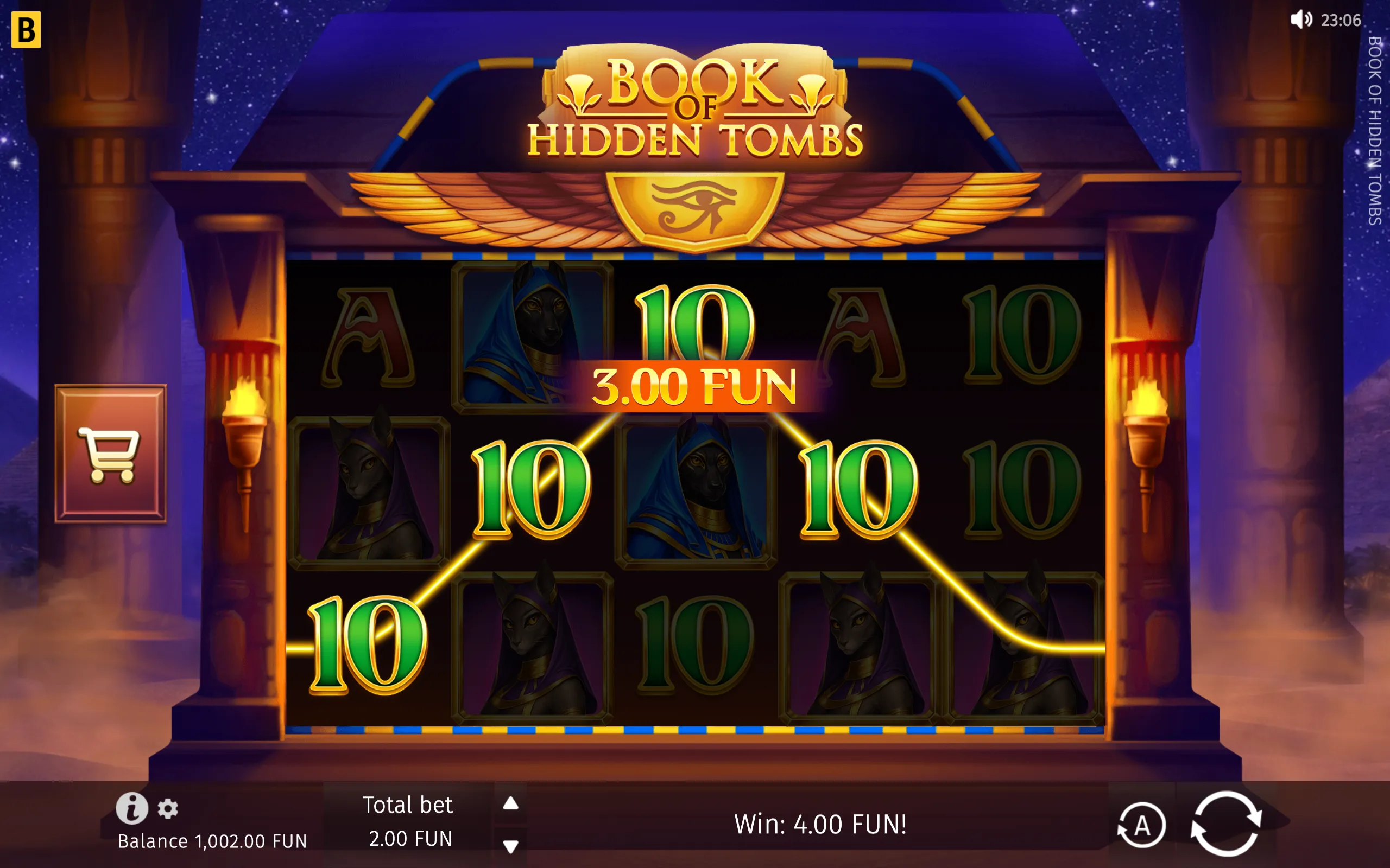 Egyptian-themed Book of Hidden Tombs slot interface with winged Eye of Horus emblem, cat-headed figures, green 10 symbols, and a glowing 3.00 FUN win.
