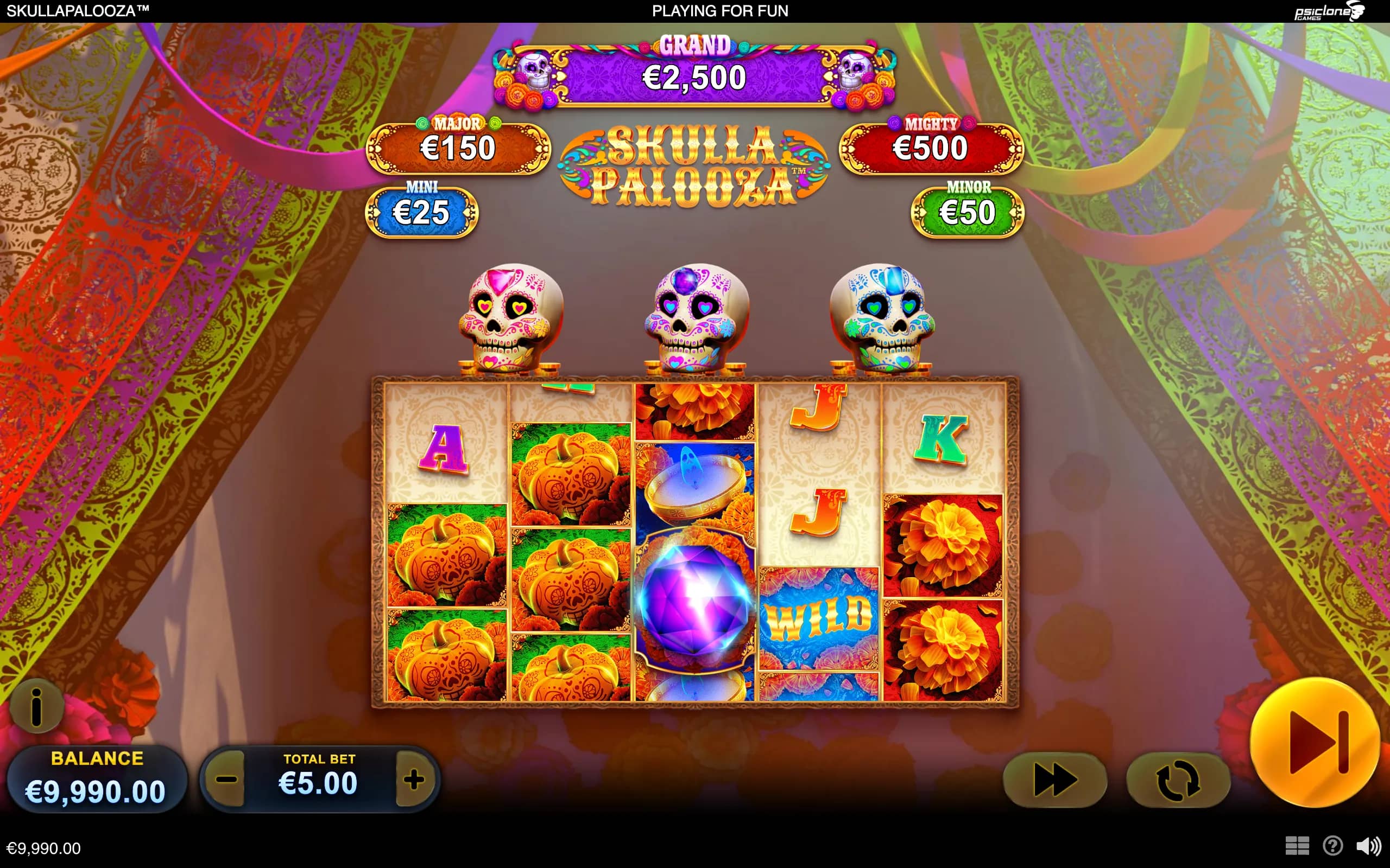 Colorful Skullapalooza slot interface with decorated sugar skulls, marigold flowers, pumpkins, candles, gemstones, wild symbols, and displayed Mini, Minor, Major, Mighty, and Grand jackpot amounts.
