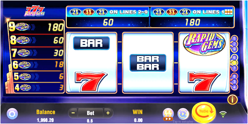 Three-slot reels display BAR, red 7, and Rapid Gems symbols, with a visible multiplier payout table and user interface.