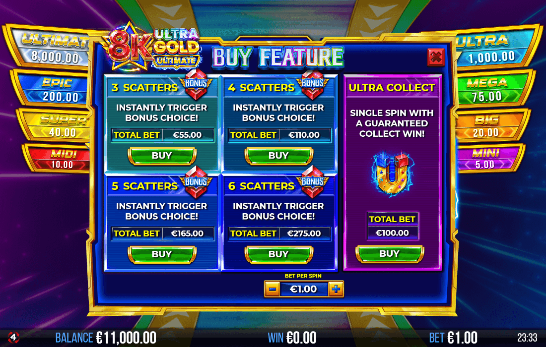 Buy Feature menu showing five bonus purchase options ranging from €55 to €275 with green buy buttons.