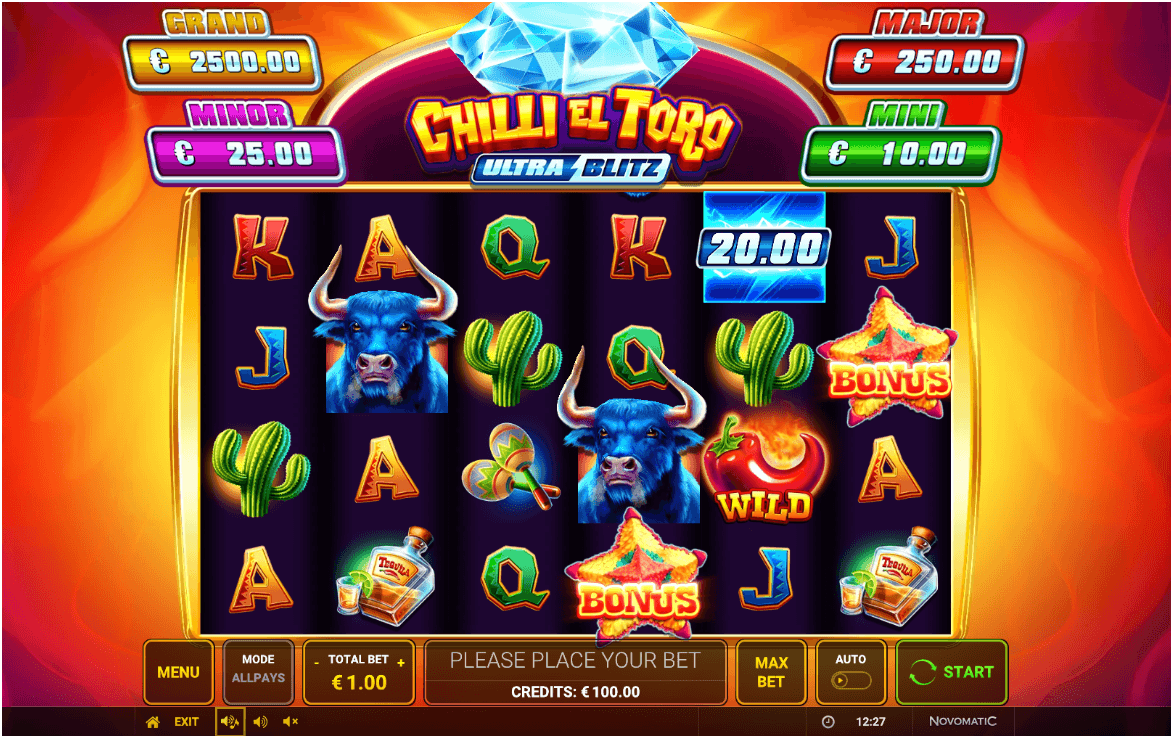 Six-reel slot interface with colorful symbols including bulls, roses, cacti, and card values, displaying fixed jackpots and control buttons.