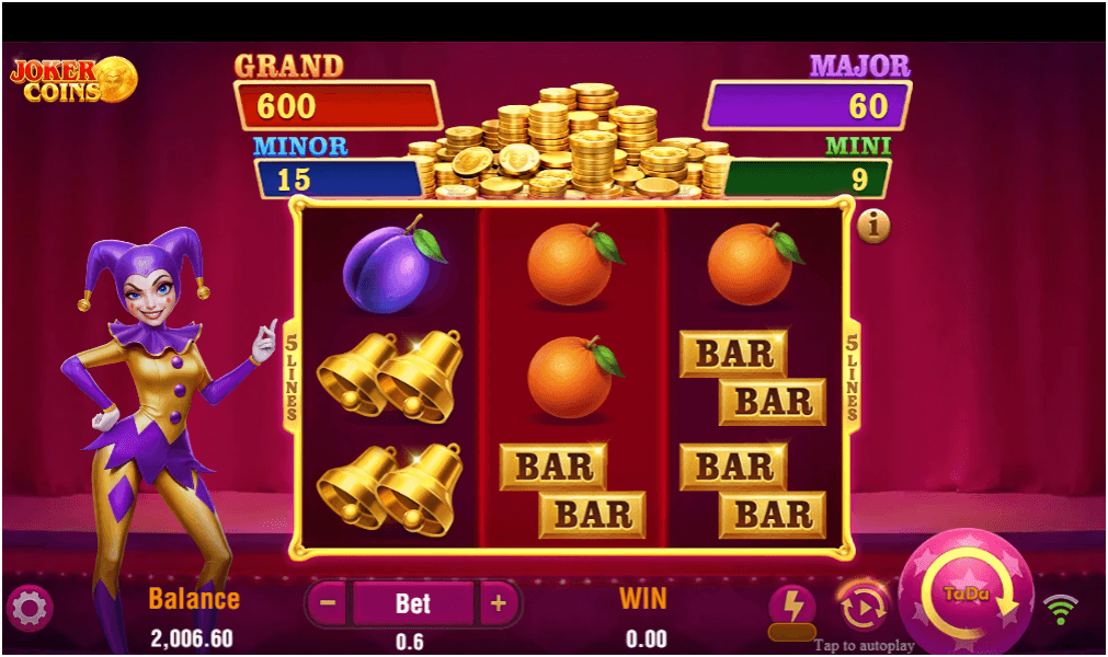 Slot interface with 5 reels, classic fruit and bar symbols, a female joker on the left, and jackpot tiers above the reels.