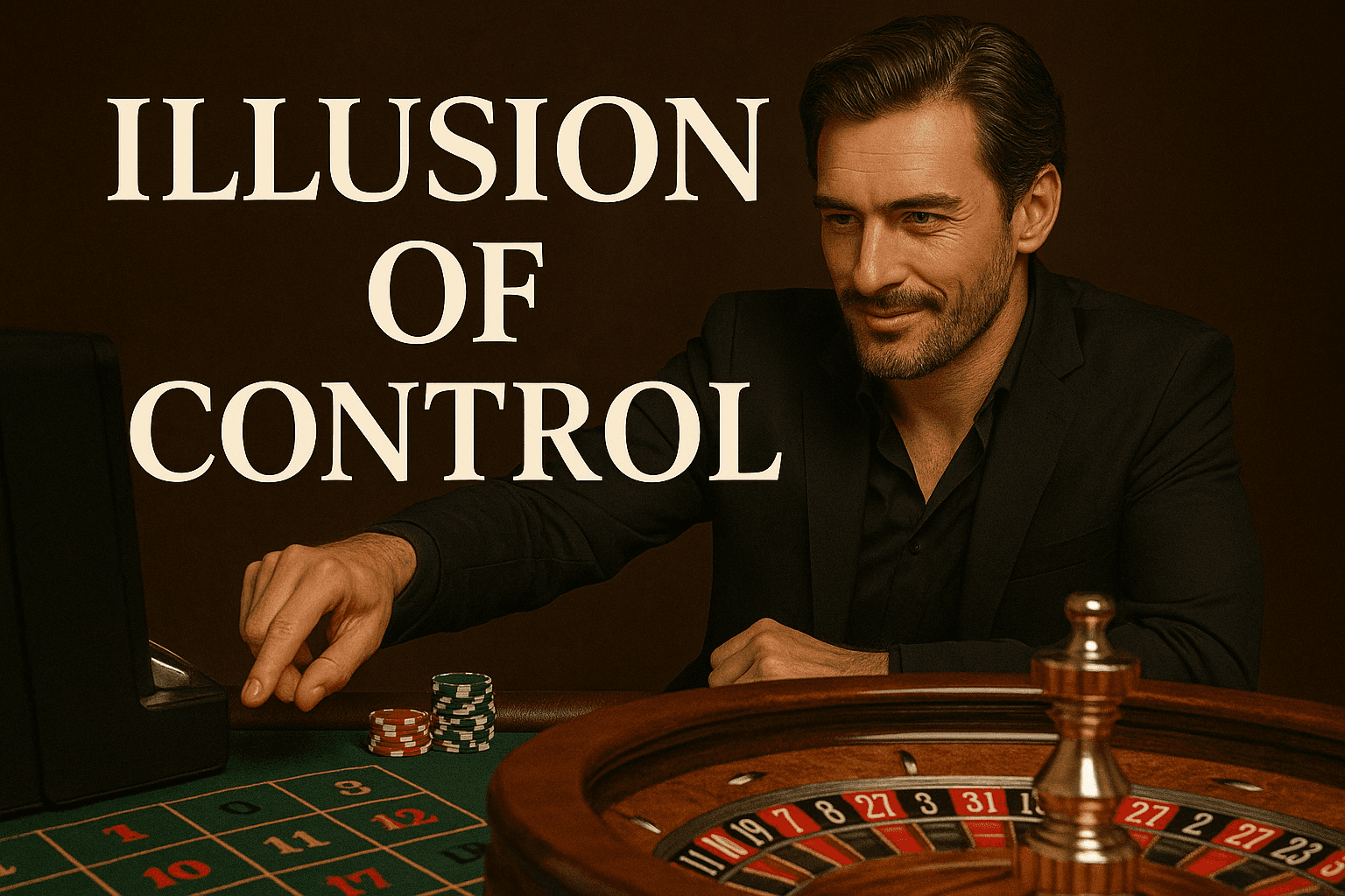 Confident man at a roulette table representing the illusion of control in gambling, highlighting the importance of managing what you can truly influence.