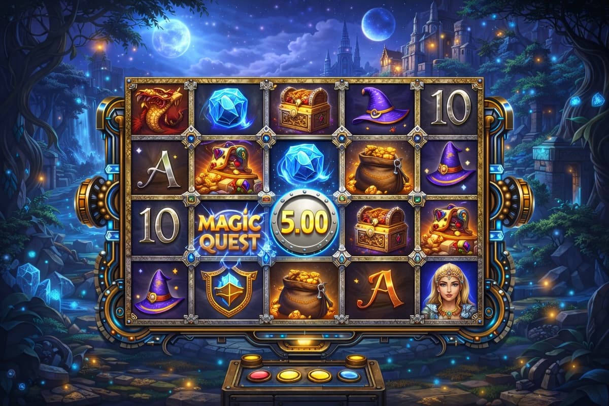 5x4 slot machine grid showing Magic Quest fantasy theme with treasure chests, wizard hats, crystals, and dragons across five reels and four rows with golden ornate frame