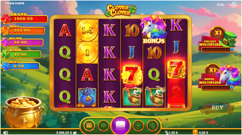 Slot game interface displaying 6 reels with symbols including coins, unicorns, sevens, and multipliers, set against a countryside backdrop.