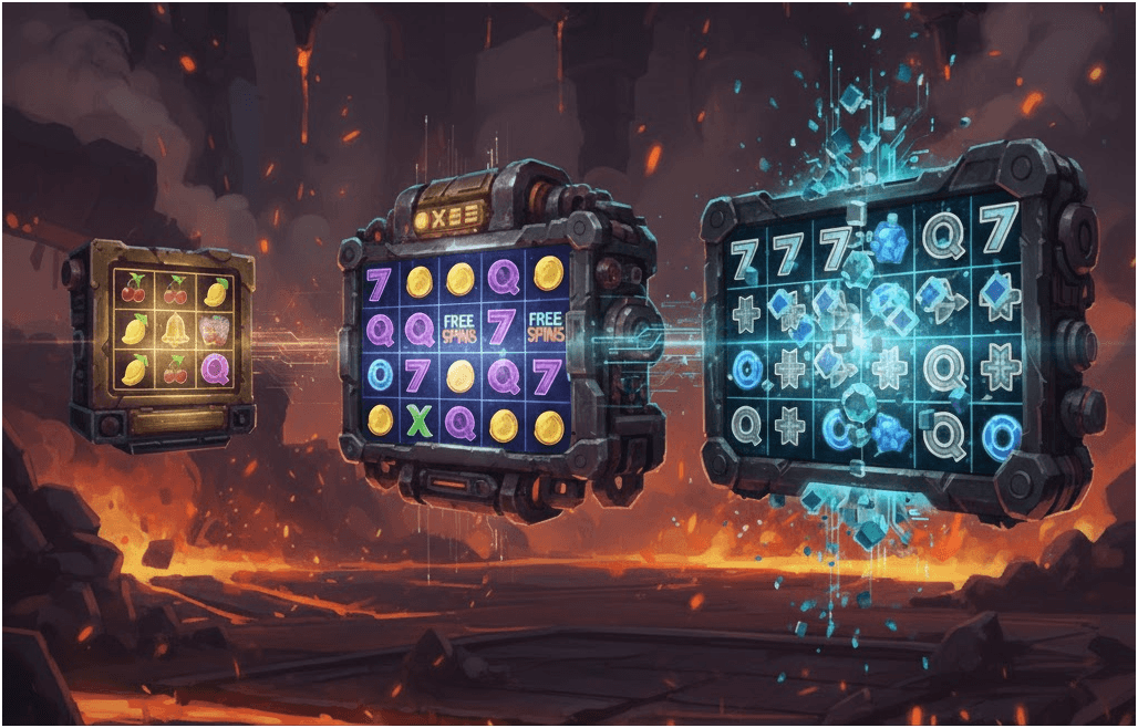 Three slot grids showing different reel layouts in a futuristic style.