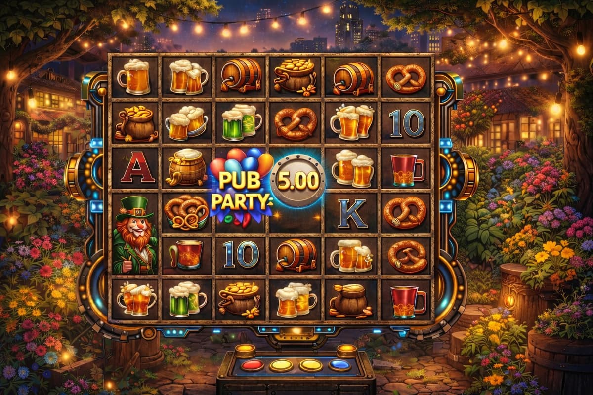 Cozy pub-themed slot machine with beer icons, warm lights, flowers, and a friendly evening garden atmosphere.