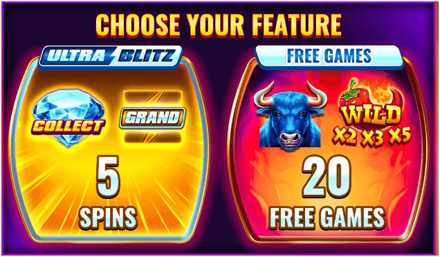 Feature selection screen offering Ultra Blitz with 5 Collect Spins or Free Games with 20 spins and wild multipliers up to 5x.