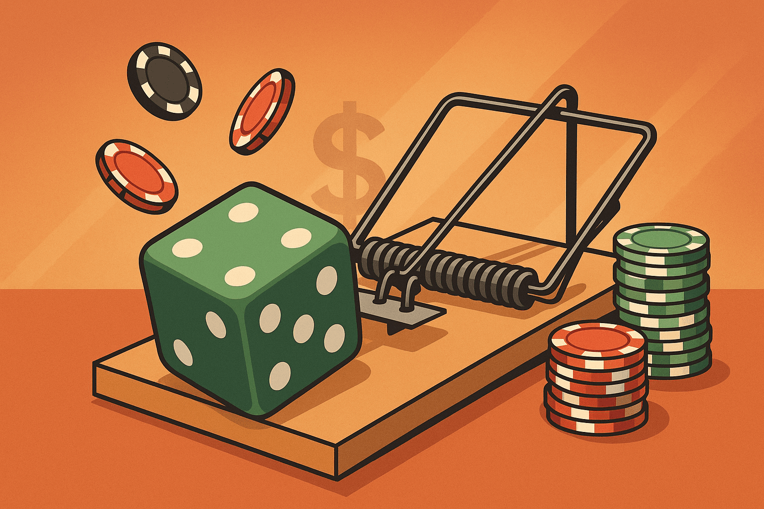 Illustration of casino dice as bait in a mousetrap symbolizing gambling risk.