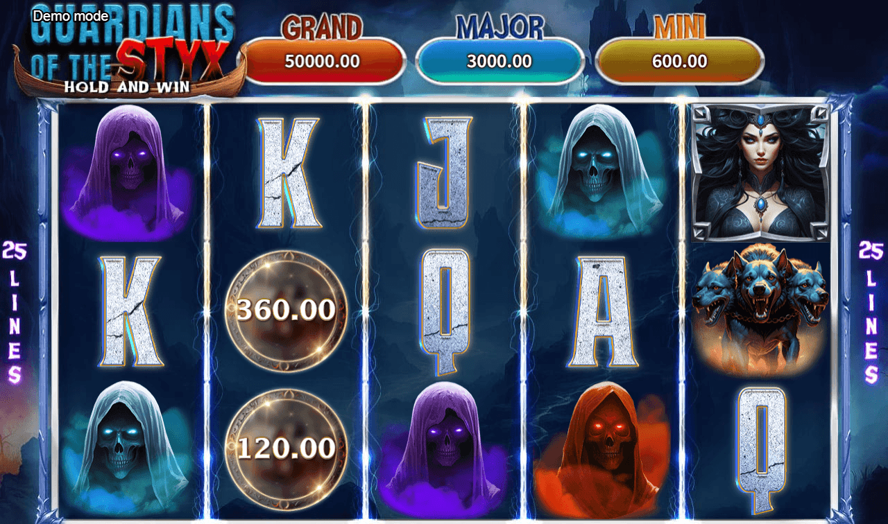 Slot gameplay screen from Guardians of the Styx – Hold and Win, displaying 5 reels with symbols like hooded reapers, a sorceress, Cerberus, glowing coin values, and jackpot tiers labeled GRAND ($50,000), MAJOR ($3,000), and MINI ($600) above the reels.