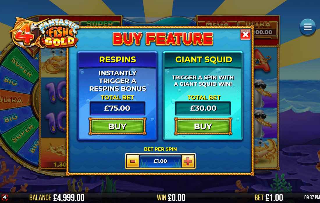 Buy Feature menu displaying two options: Respins bonus for £75 and Giant Squid win for £30.