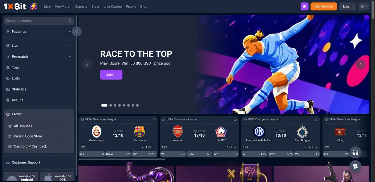 1xBit home page on desktop