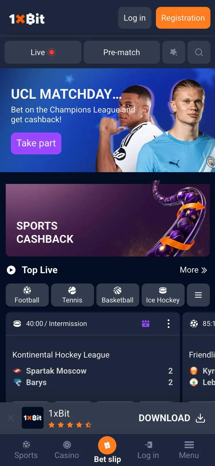 1xBit home page on mobile