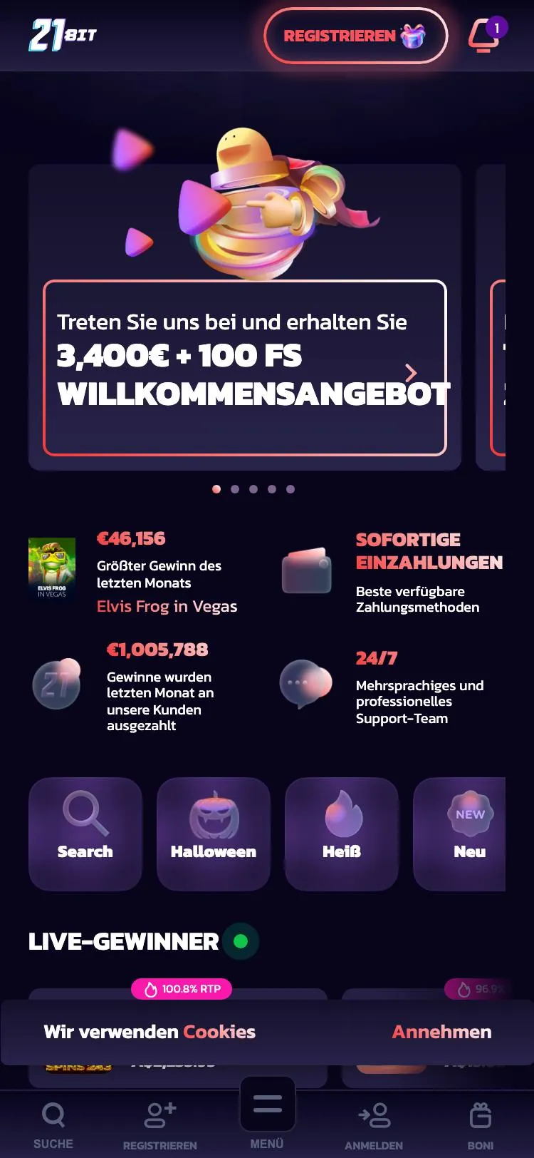 21Bit home page on mobile