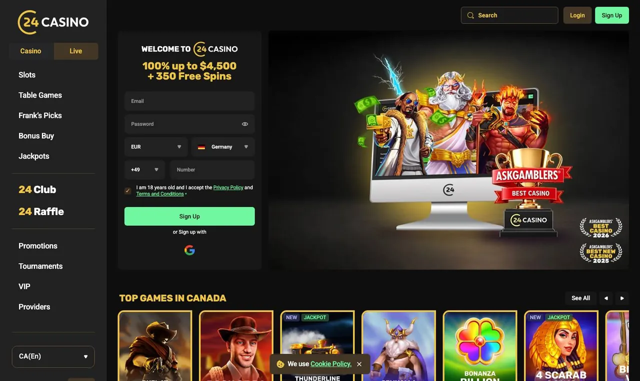 24Casino home page on desktop
