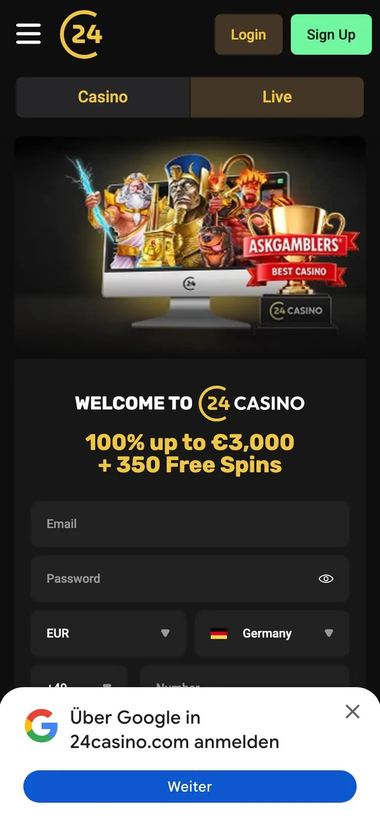 24Casino home page on mobile