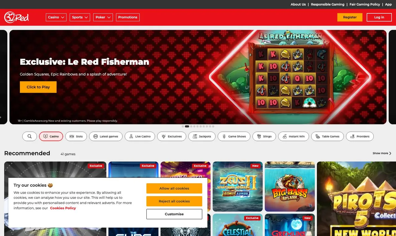32Red home page on desktop