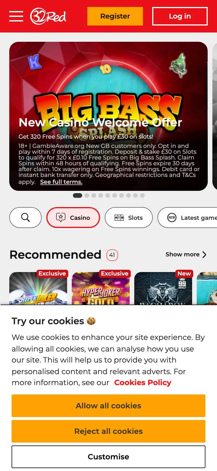 32Red home page on mobile