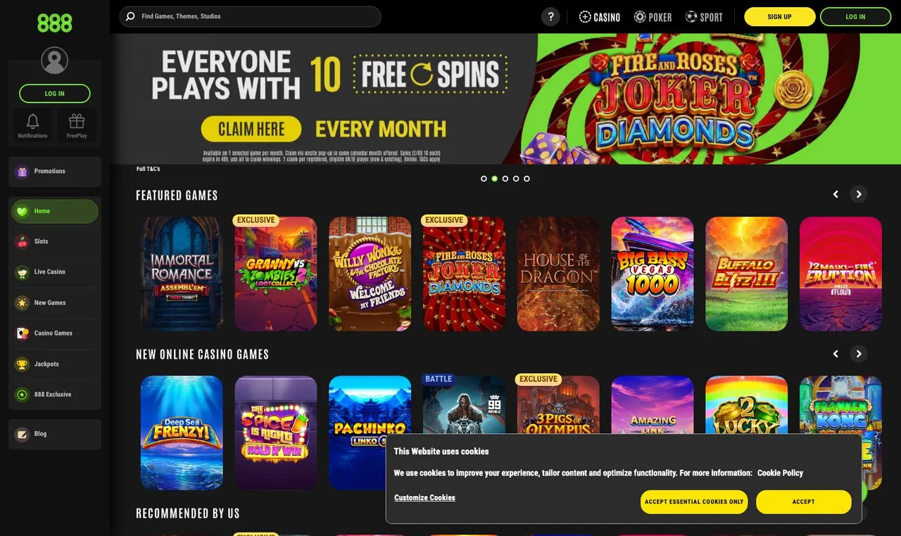 888casino home page on desktop