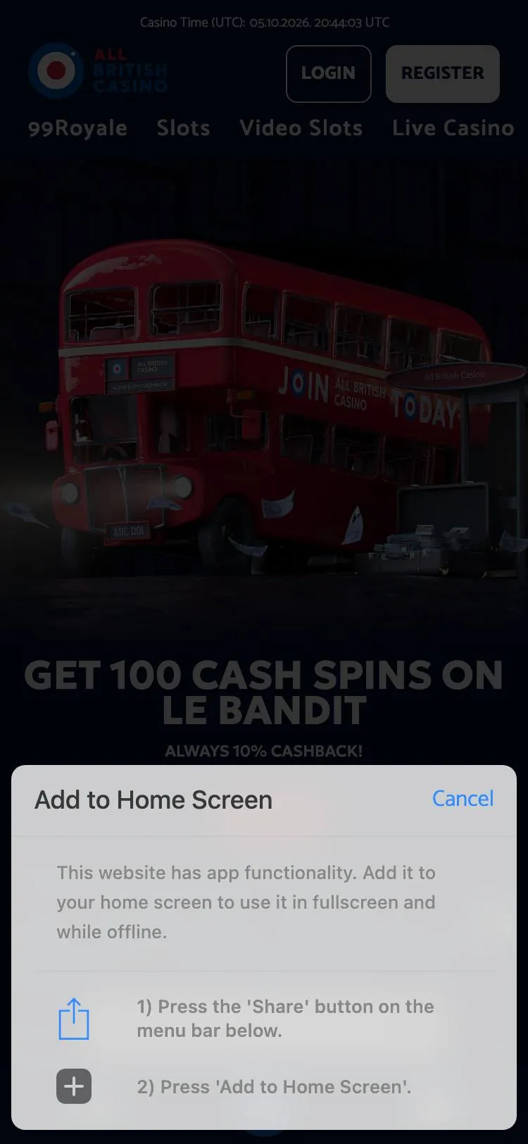 All British Casino home page on mobile