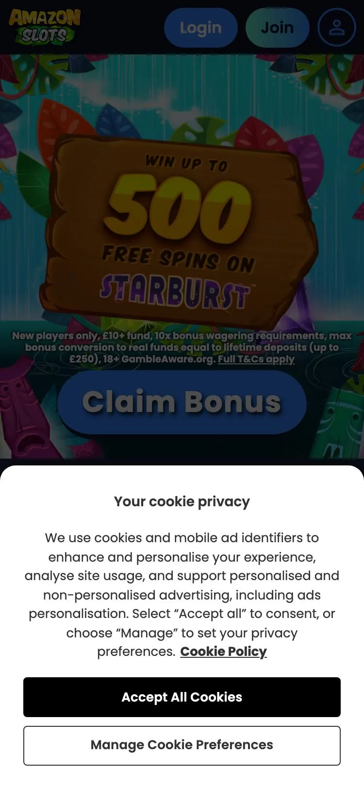 Amazon Slots home page on mobile