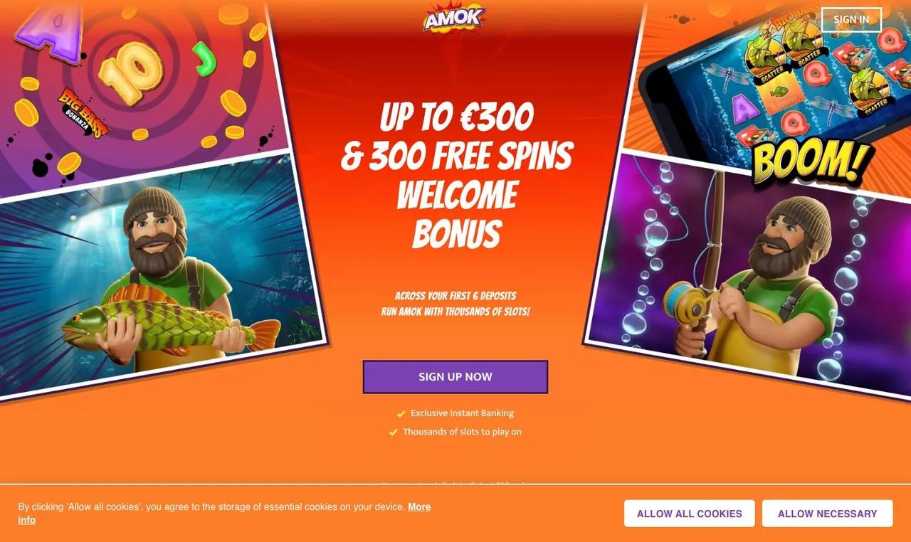 Amok Casino home page on desktop