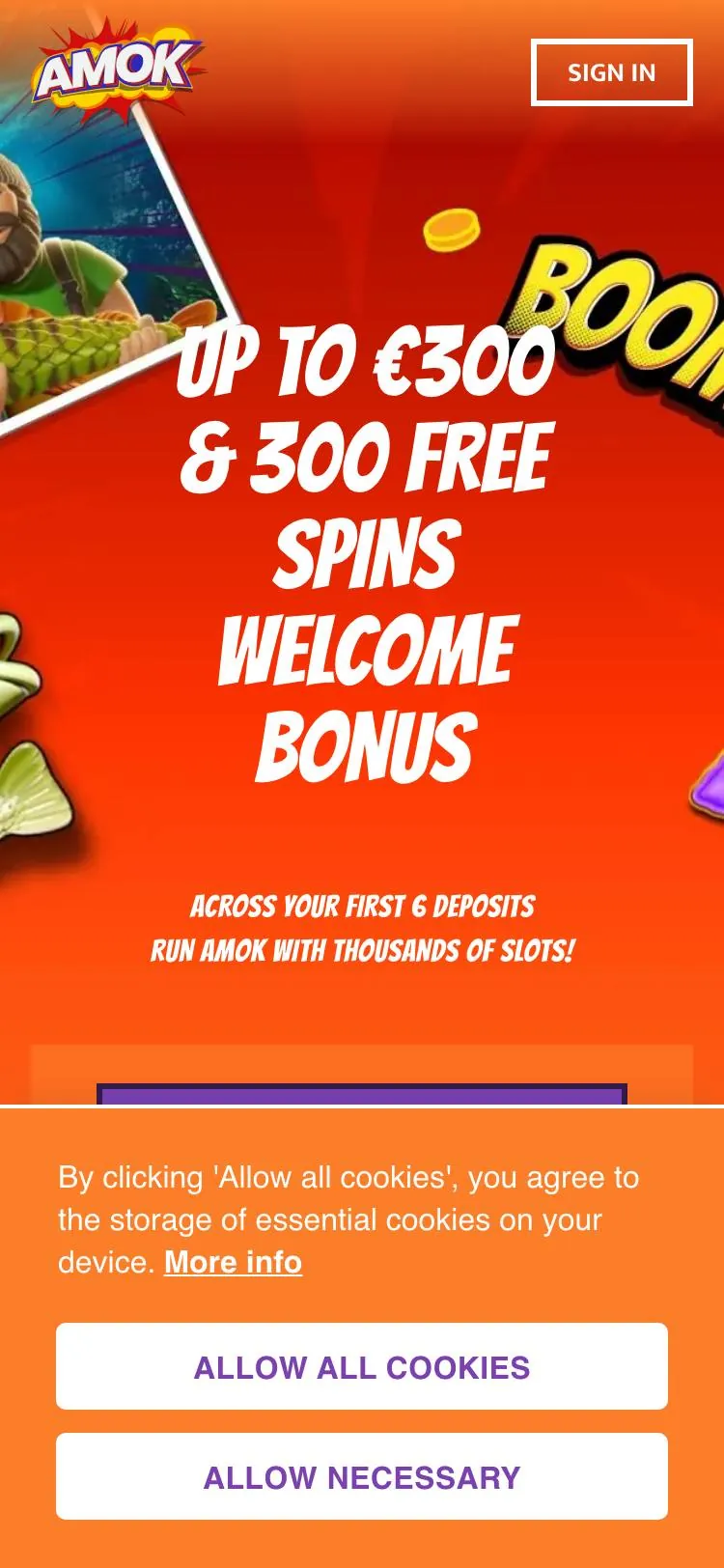 Amok Casino home page on mobile