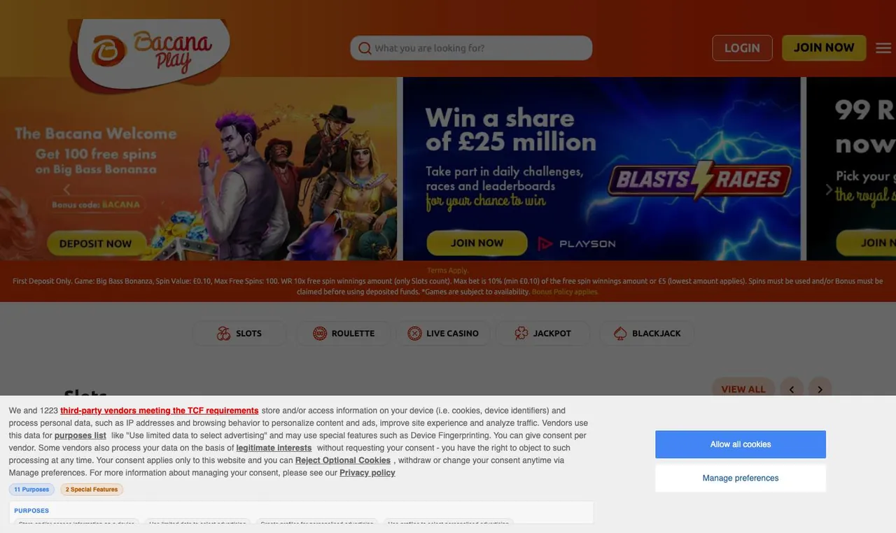 BacanaPlay home page on desktop