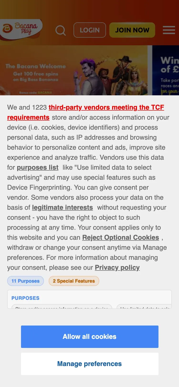 BacanaPlay home page on mobile