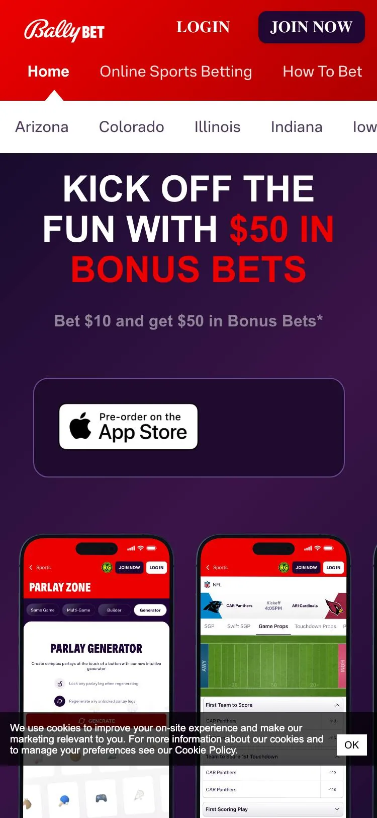 Bally Bet home page on mobile