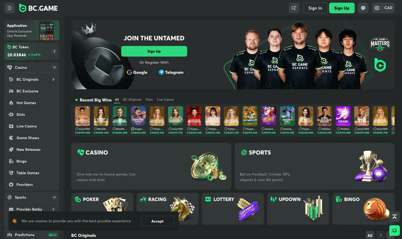 BC.Game home page on desktop
