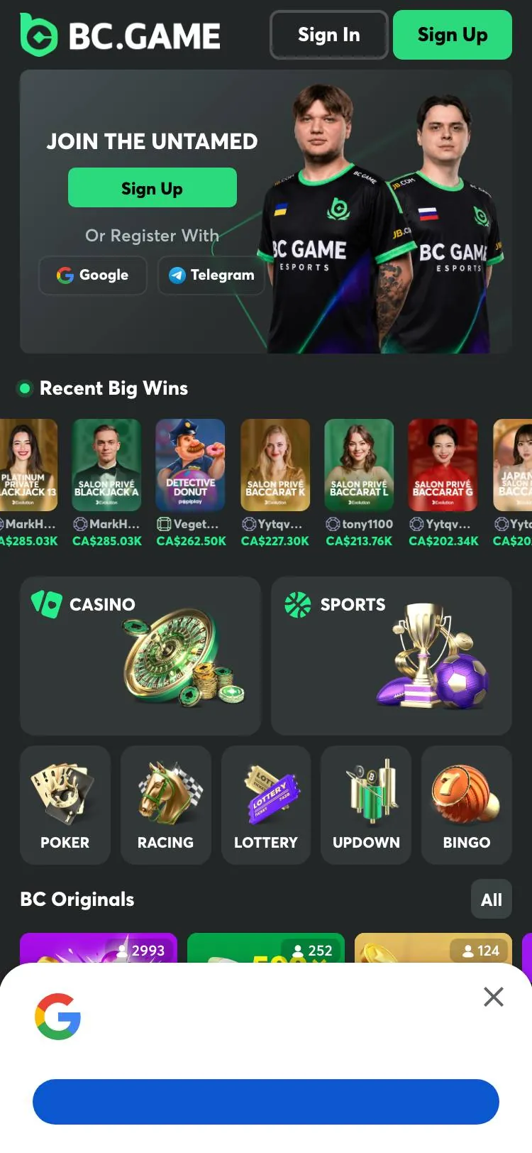 BC.Game home page on mobile