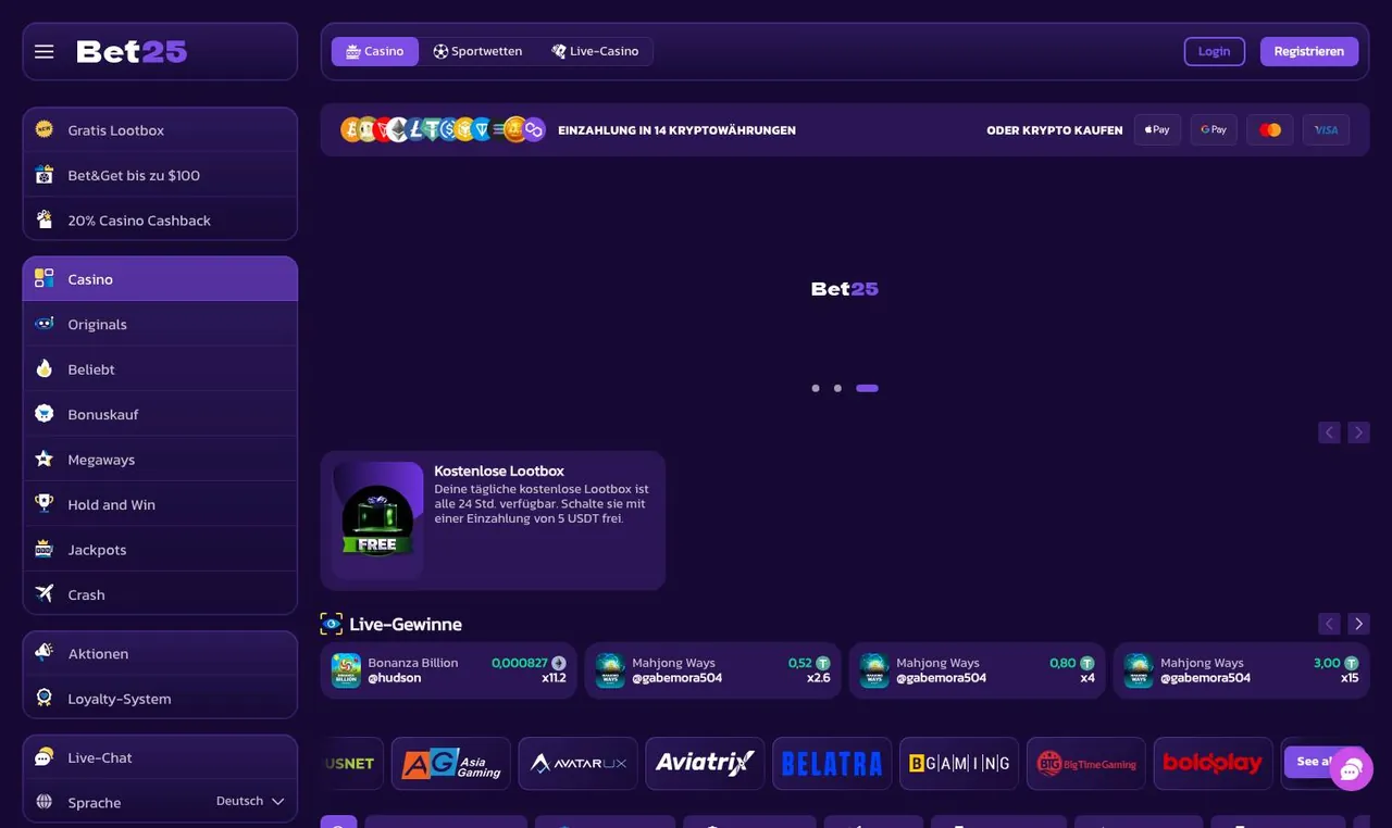 Bet25 home page on desktop