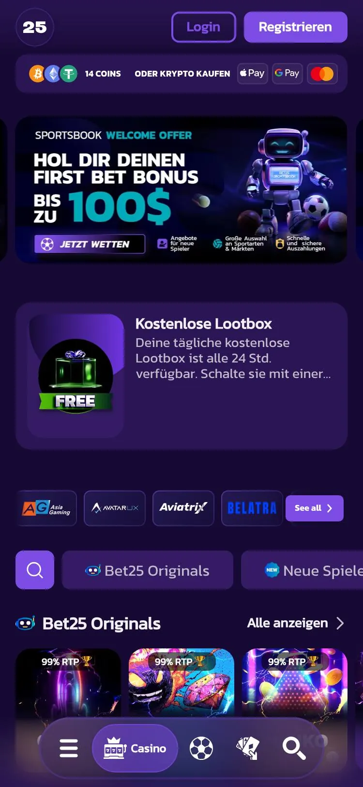 Bet25 home page on mobile