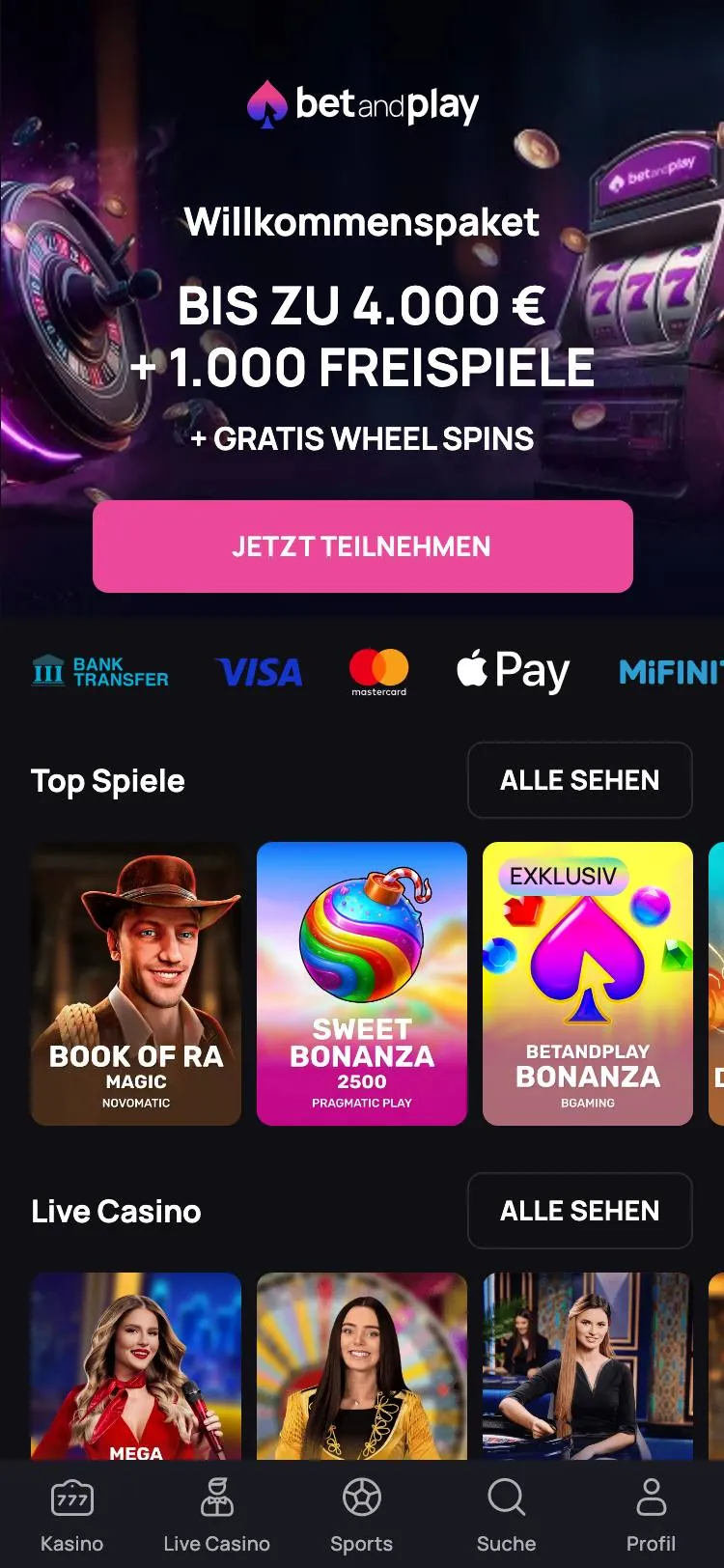 Betandplay home page on mobile