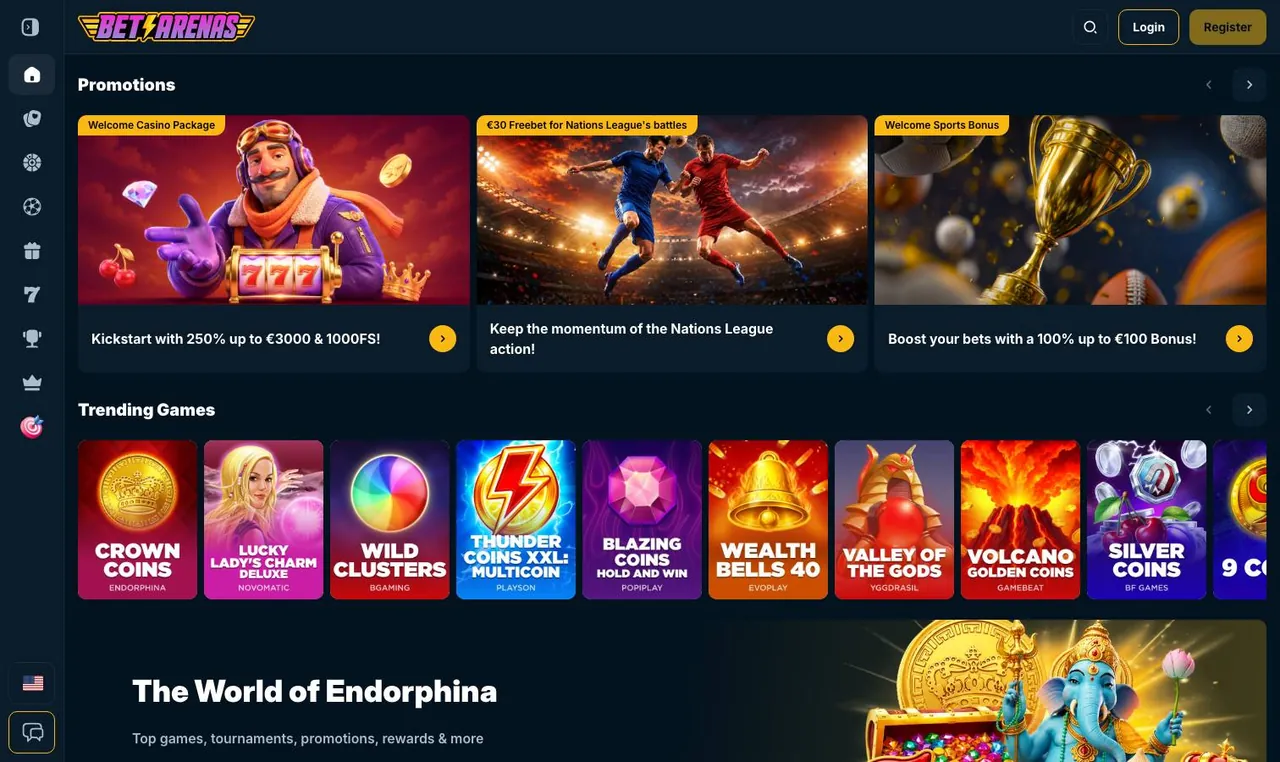 BetArenas home page on desktop