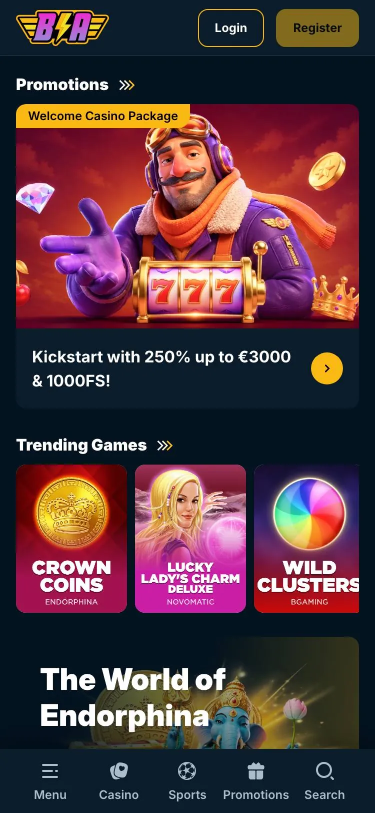 BetArenas home page on mobile