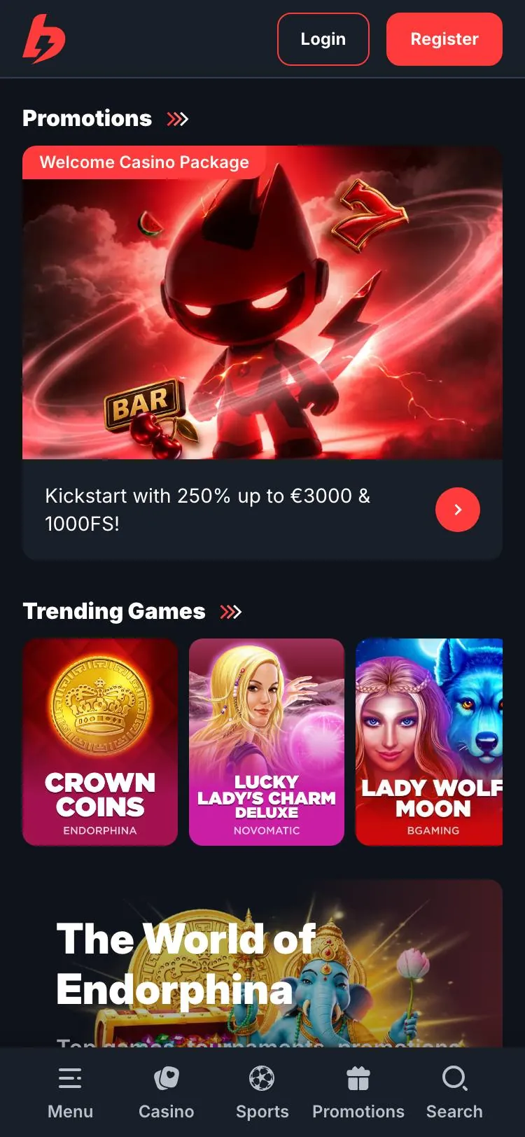BetBay home page on mobile