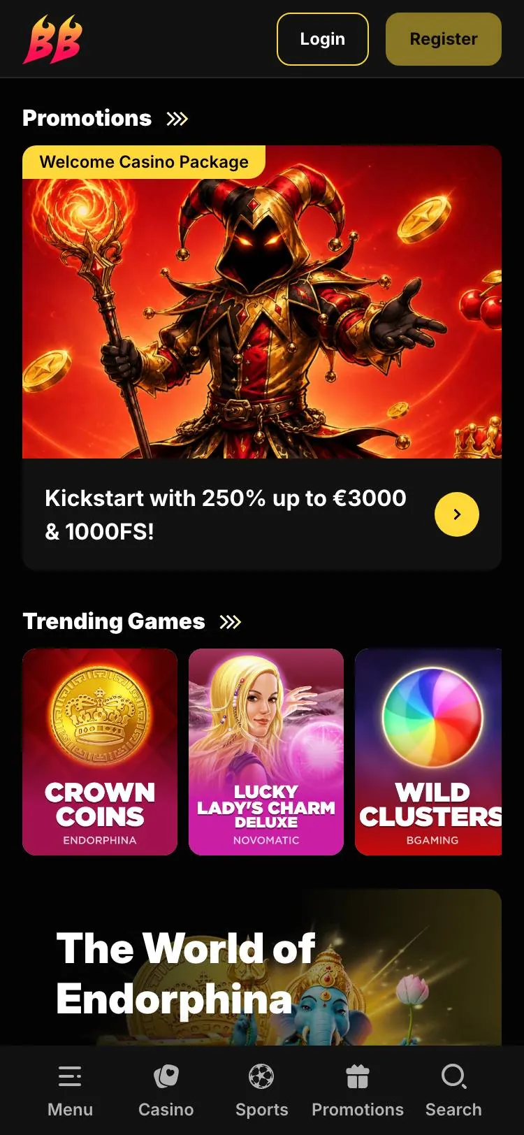 BetBluff home page on mobile