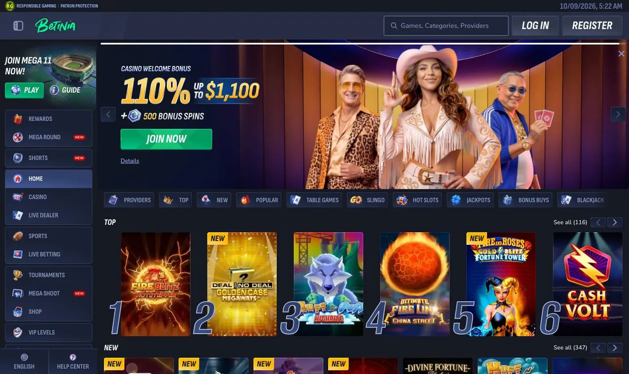 Betinia home page on desktop
