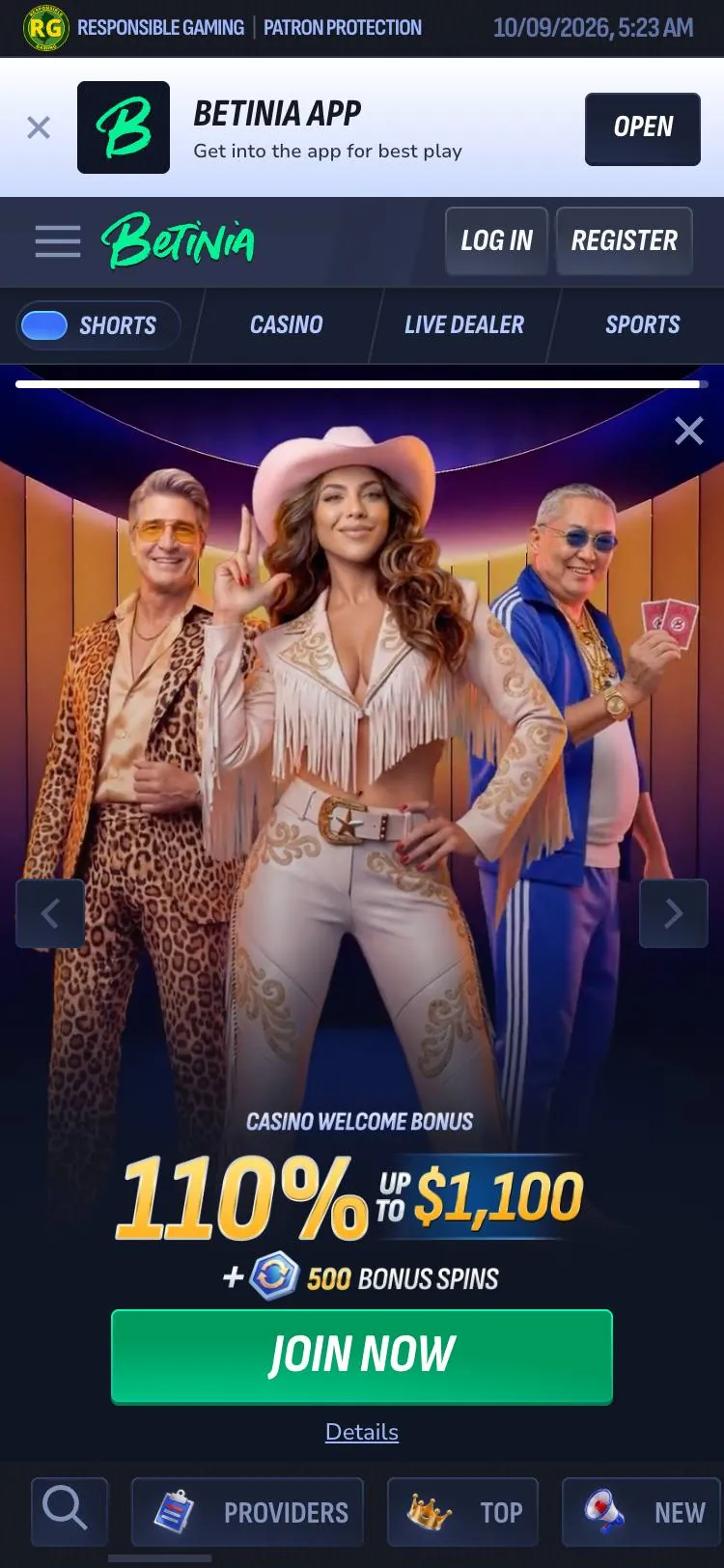 Betinia home page on mobile