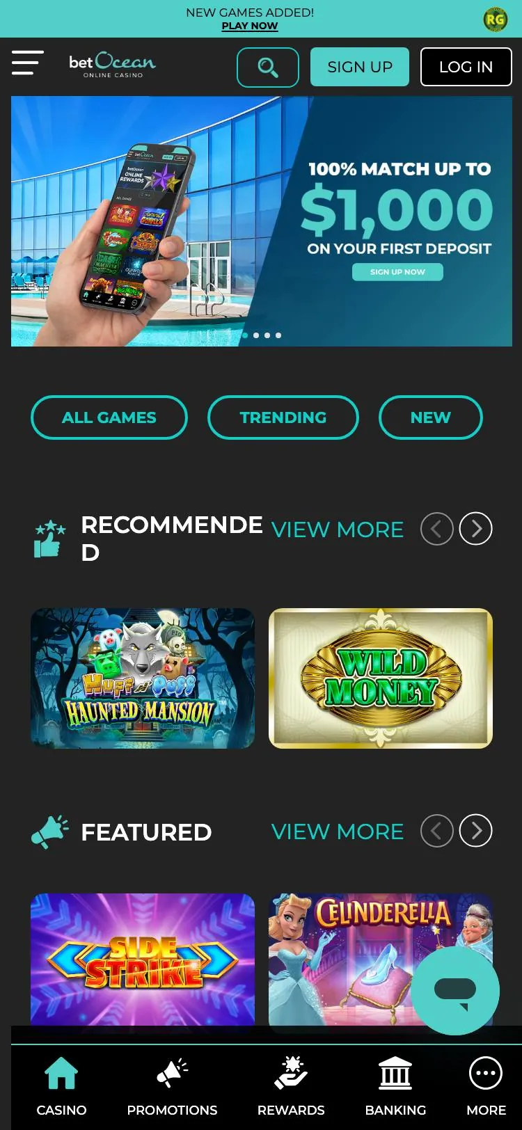 betOcean home page on mobile