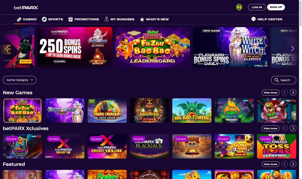 betPARX home page on desktop