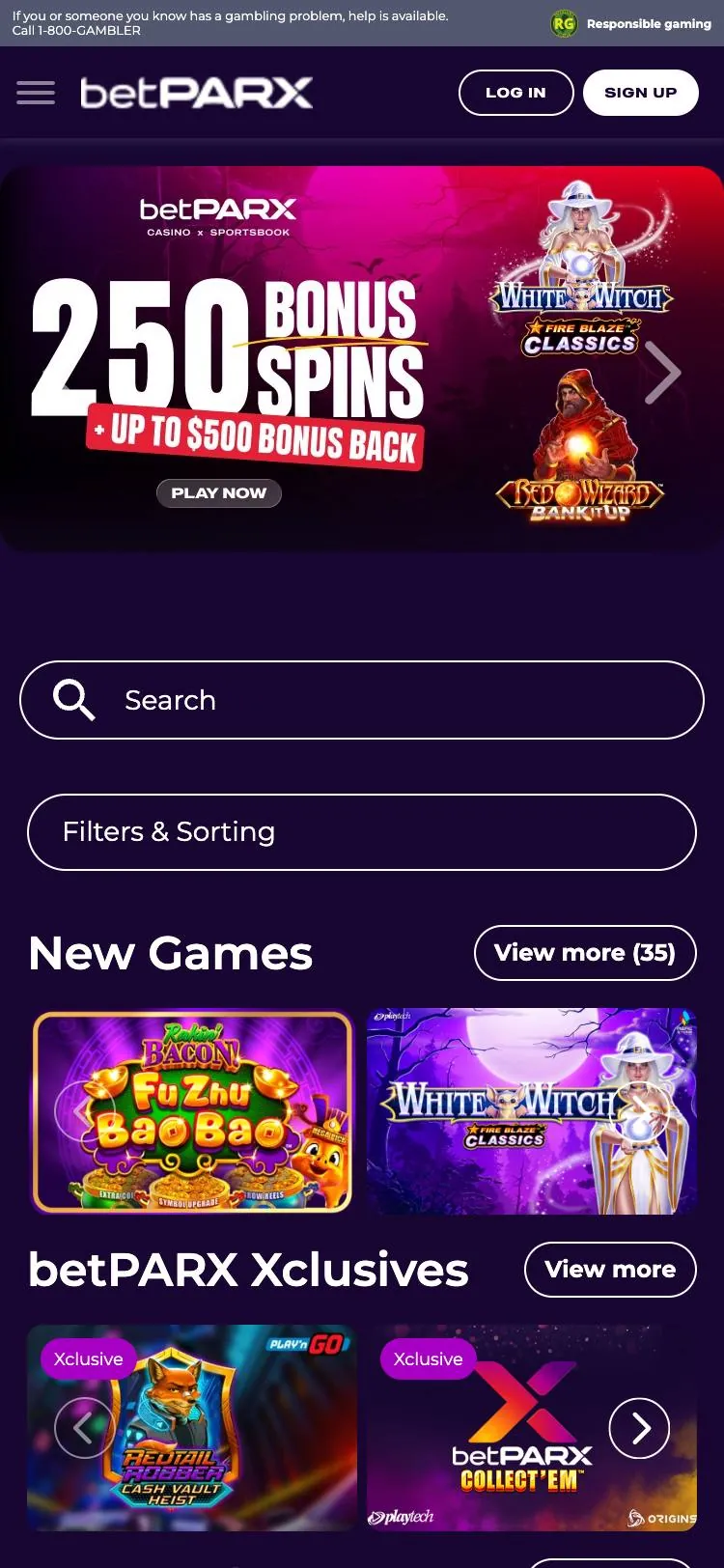 betPARX home page on mobile