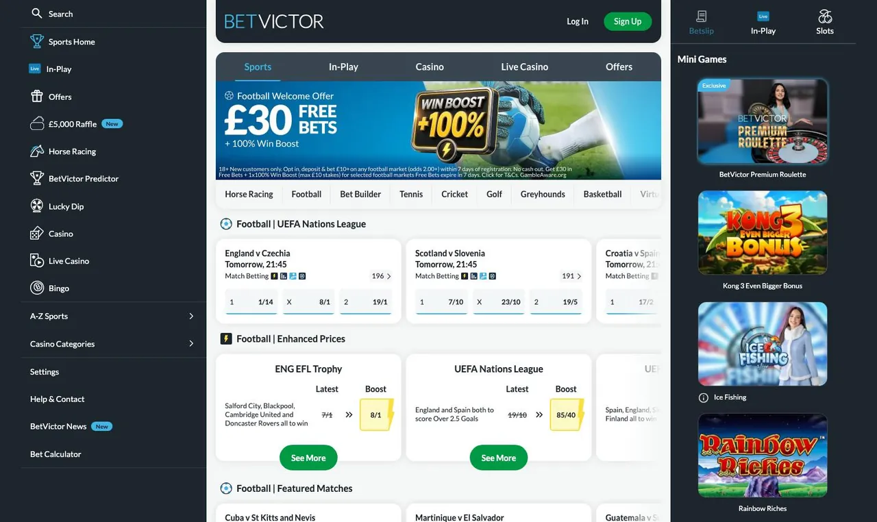 BetVictor home page on desktop